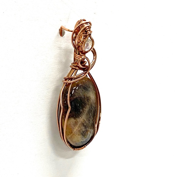 HANDCRAFTED Statement Pendant Gray &Rainbow Moonstones Oxidized Copper Hand Wrap - Picture 5 of 10